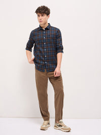THE BEAR HOUSE Men Spread Collar Tartan Checked Cotton Slim Fit Shirt