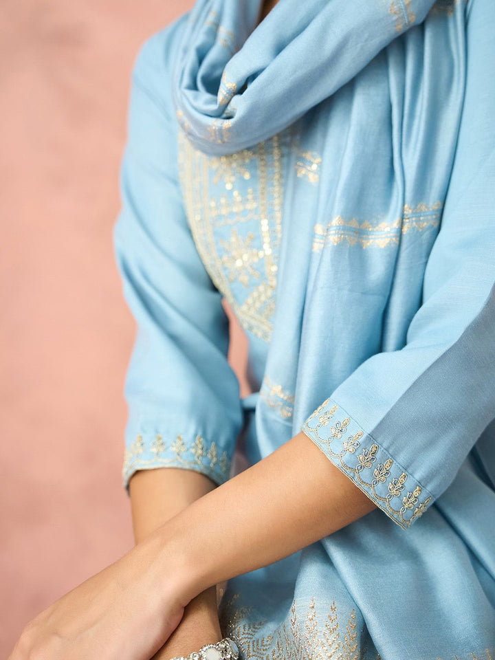 KALINI Floral Yoke Design Straight Thread Work Kurta with Trousers & Dupatta