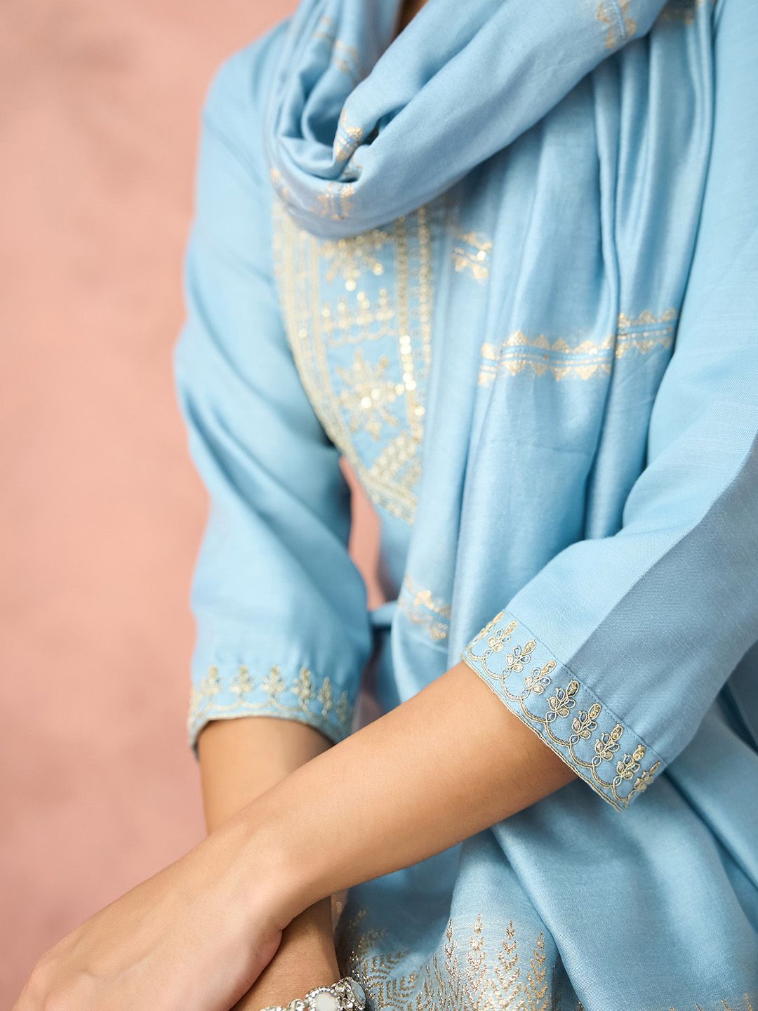 KALINI Floral Yoke Design Straight Thread Work Kurta with Trousers & Dupatta