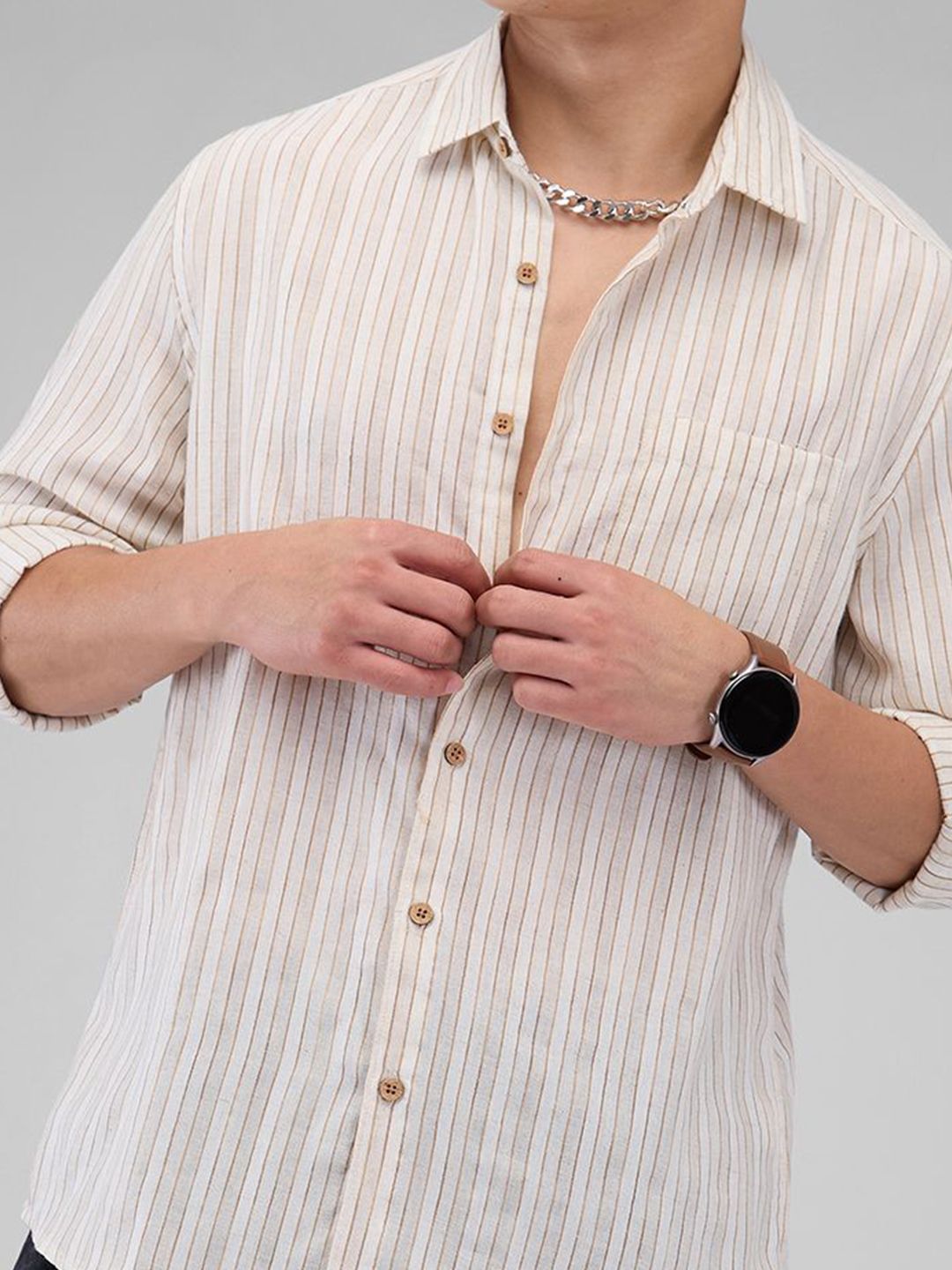 VASTRADO Men Classic Spread Collar Vertical Striped Cotton Slim Fit Casual Shirt