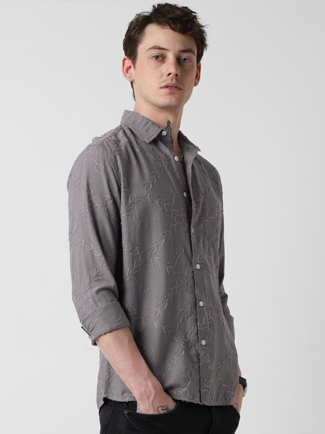 VASTRADO Men Classic Spread Collar Textured Solid Pure Cotton Slim Fit Casual Shirt