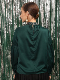 STREET 9 Puff Sleeves High Neck Embellished Satin Top