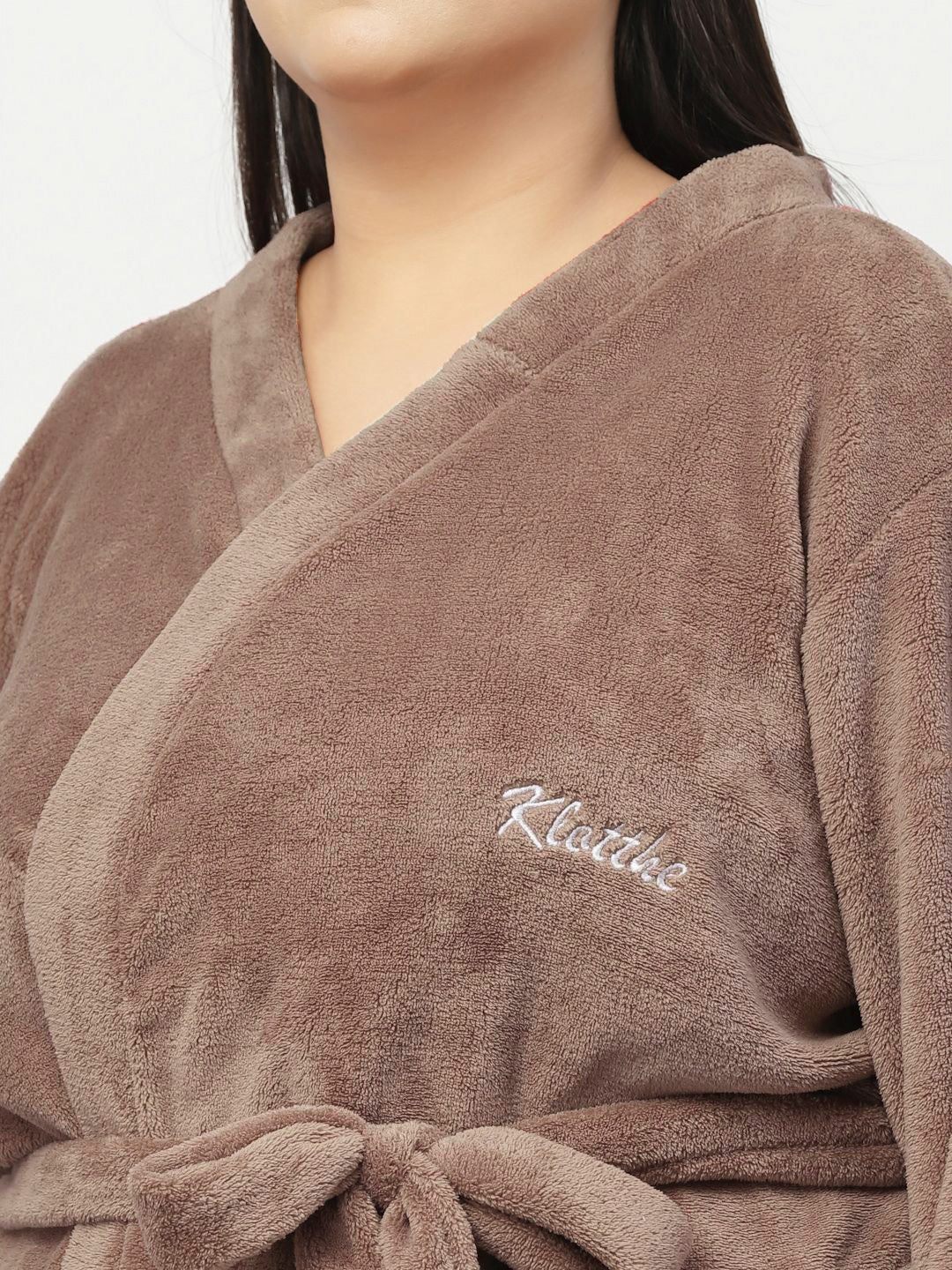 KLOTTHE Woolen Plus Size Long Sleeve Bath Robe with Belt