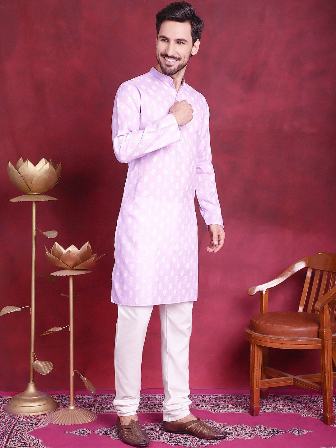 Jompers Ethnic Motifs Floral Printed Mandarin Collar Pure Cotton Kurta