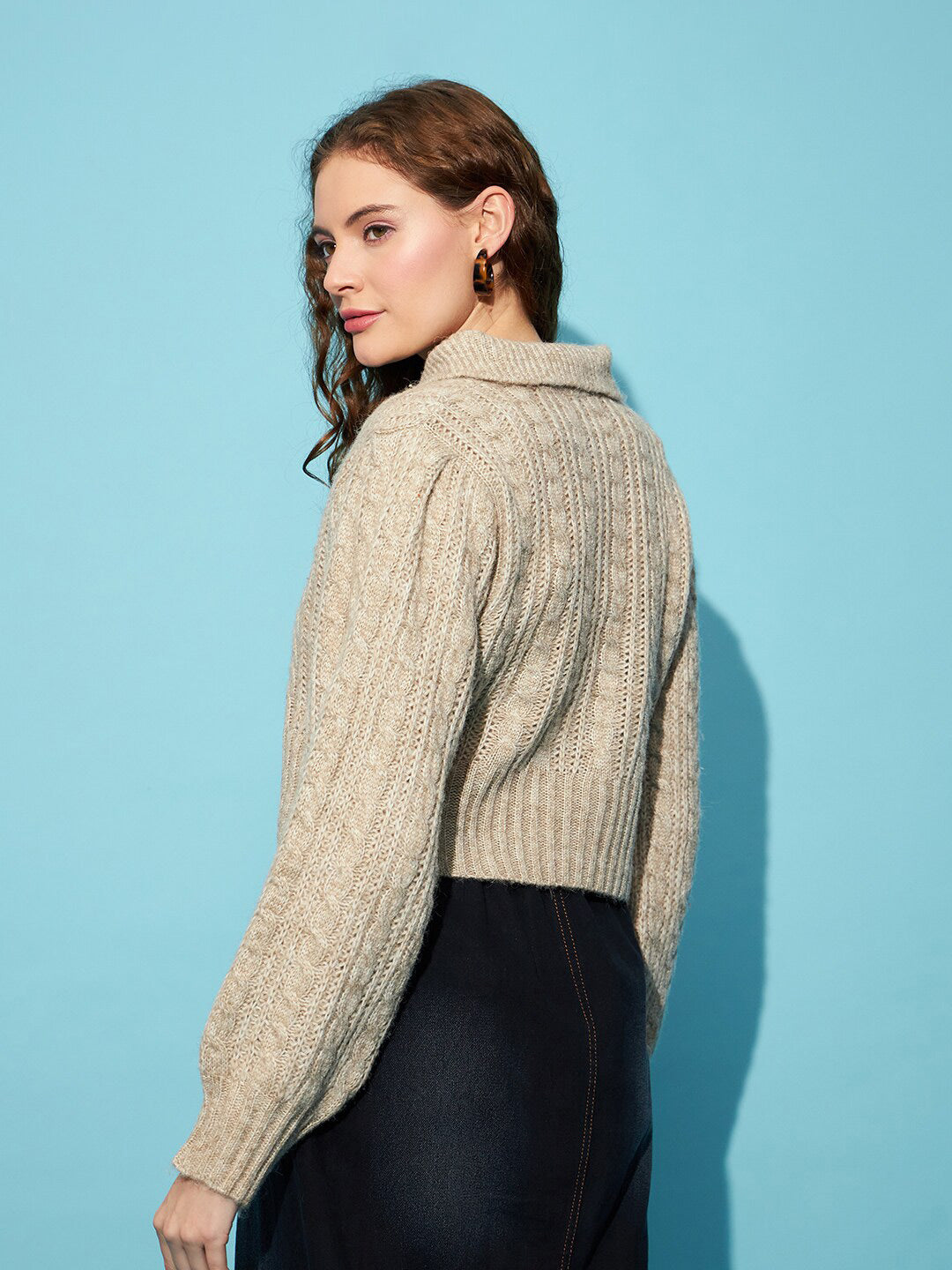 STREET 9 Beige Ribbed Cable knit Shirt Collar Acrylic Crop Pullover Sweater