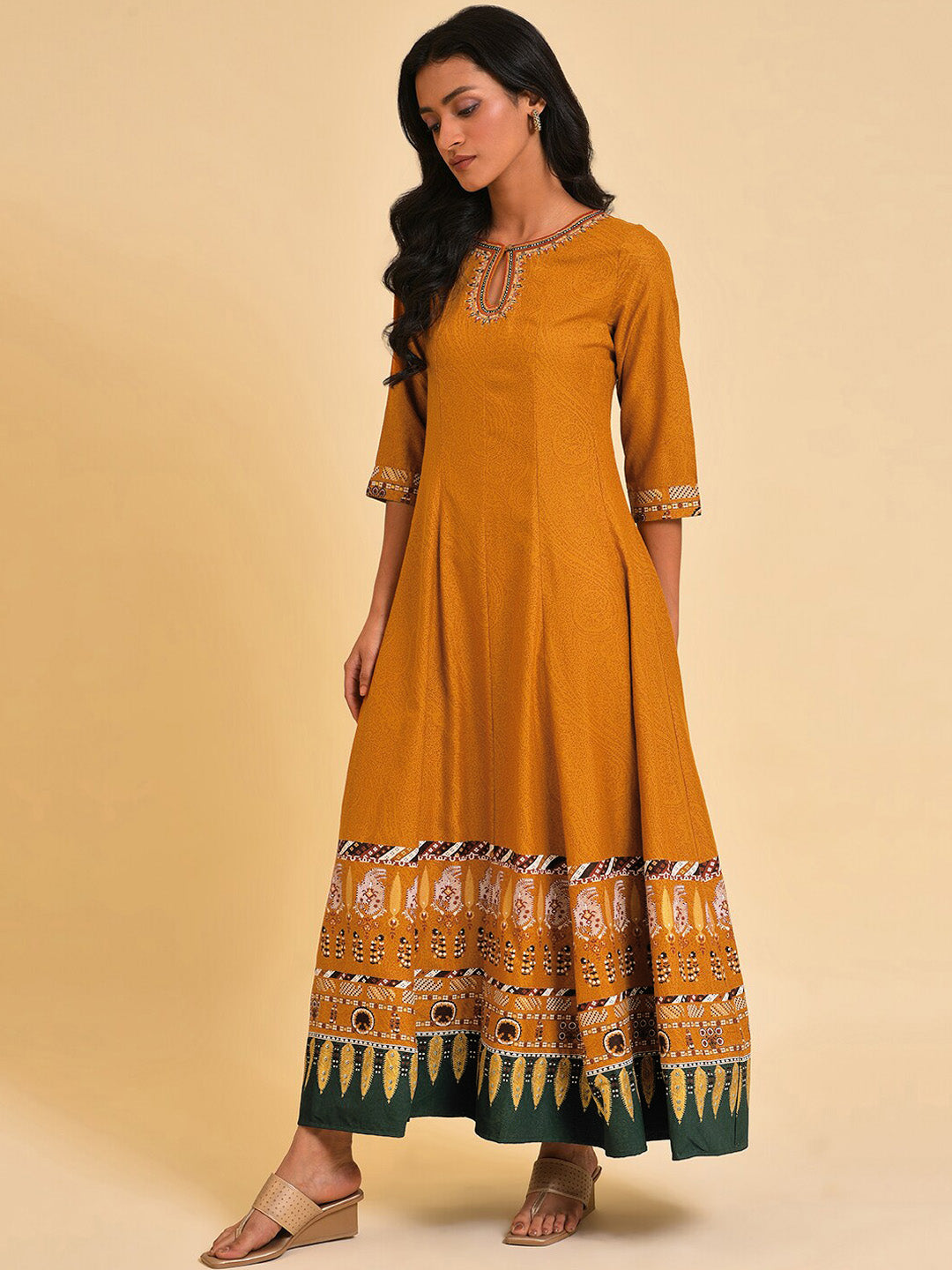 W Keyhole Neck Ethnic Motifs Printed Embellished A-Line Ethnic Dress