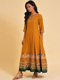 W Keyhole Neck Ethnic Motifs Printed Embellished A-Line Ethnic Dress