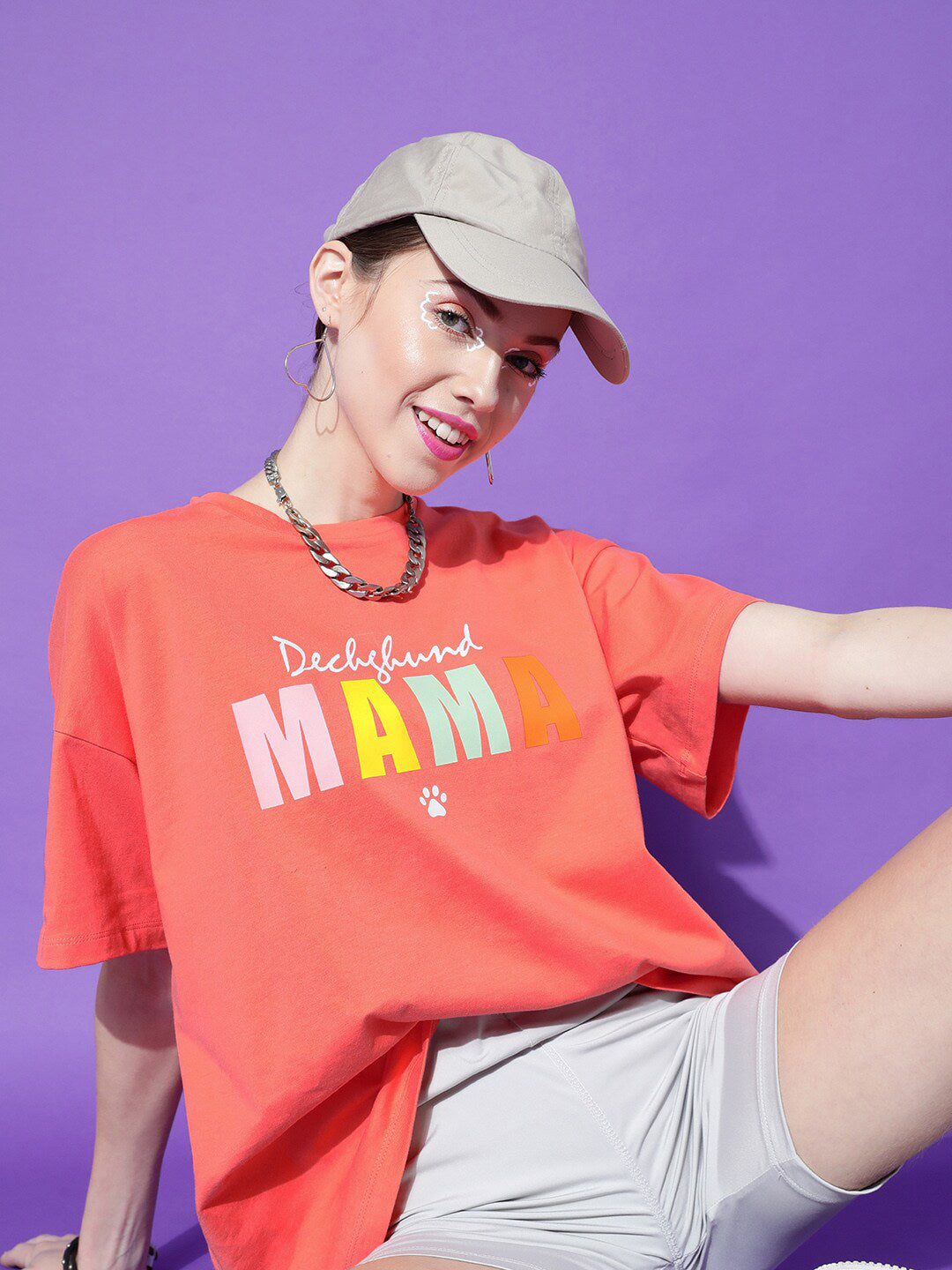 STREET 9 Women Coral Typography Printed Oversized Cotton Outdoor T-shirt