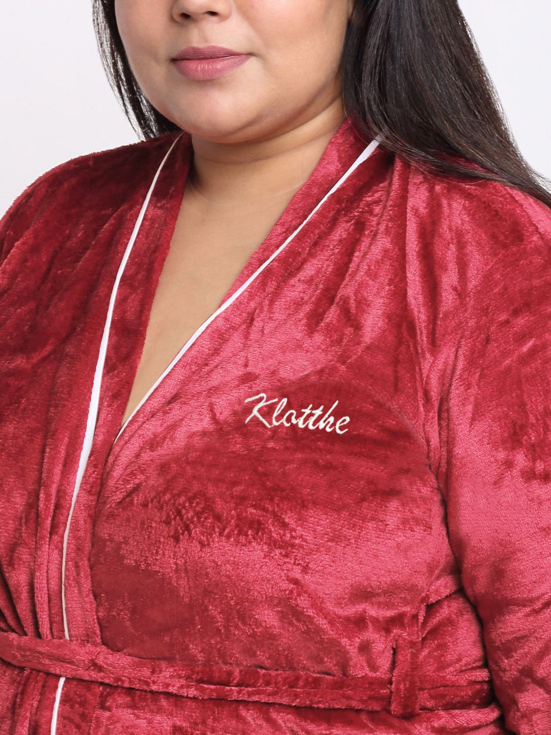 KLOTTHE Plus Size Red Woollen Long Sleeves Bath Robe With Belt