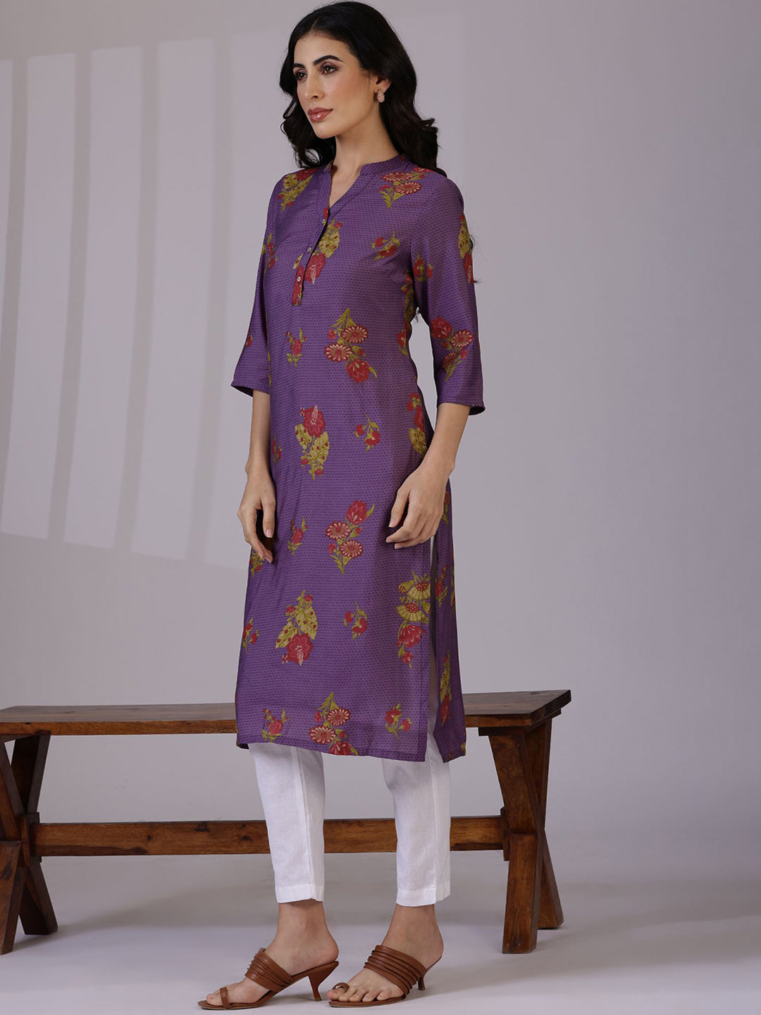 W Purple Floral Printed Mandarin Collar Three-Quarter Sleeves Straight Kurta