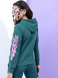 Tokyo Talkies Women Teal Printed Hooded Sweatshirt