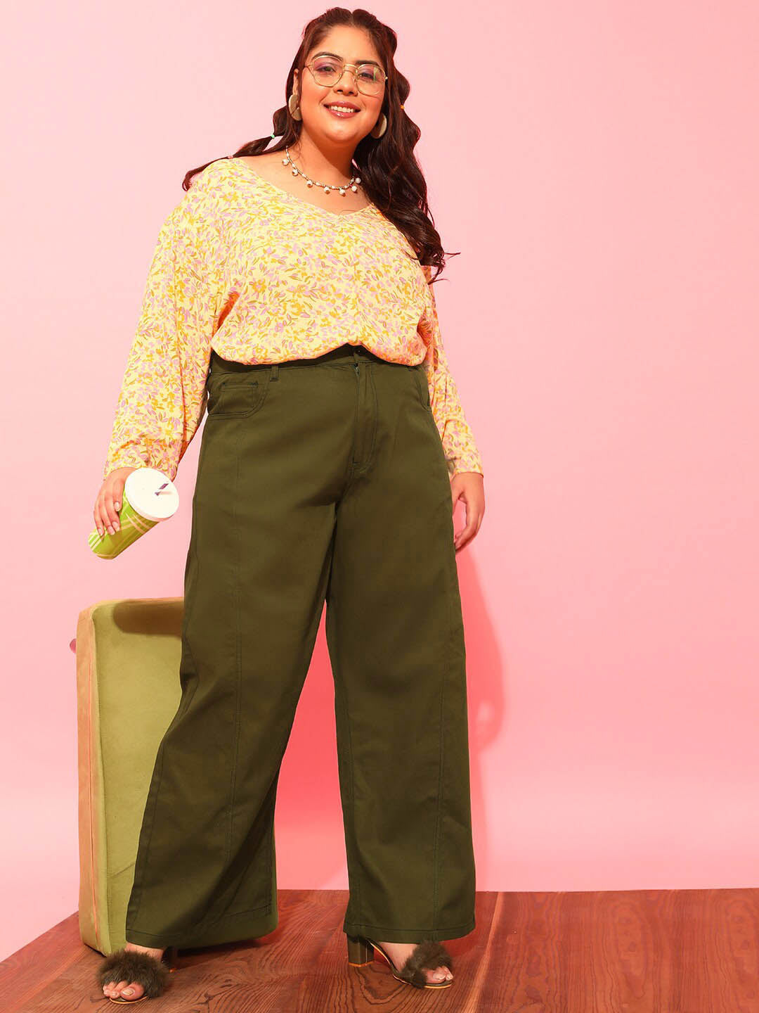 CURVY STREET Women Plus Size Olive Green Relaxed Straight Leg Pure Cotton Trousers