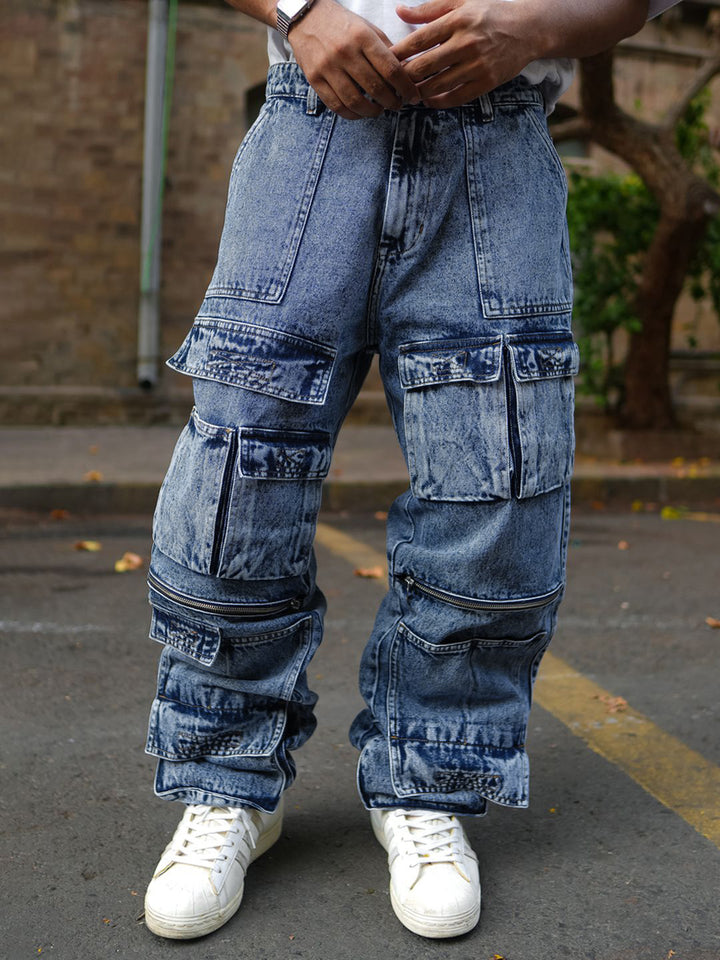 Powerlook Men Loose Baggy Fit Pure Cotton Denim Cargos