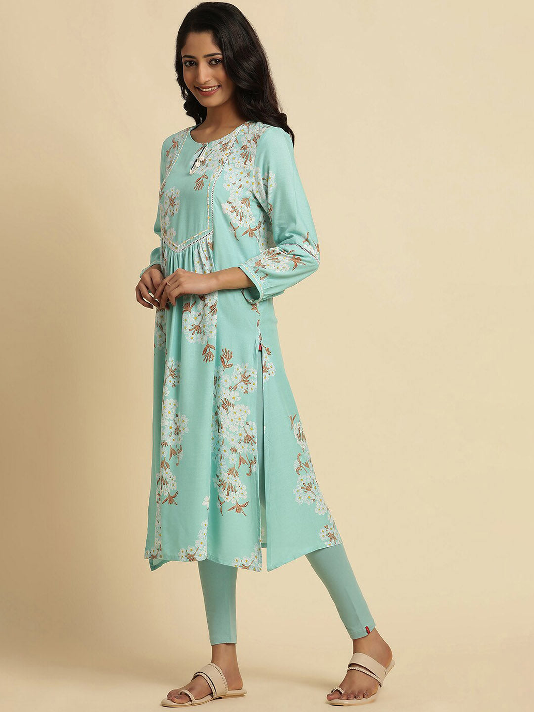 W Blue Floral Printed Keyhole Neck Thread Work Empire A-Line Kurta