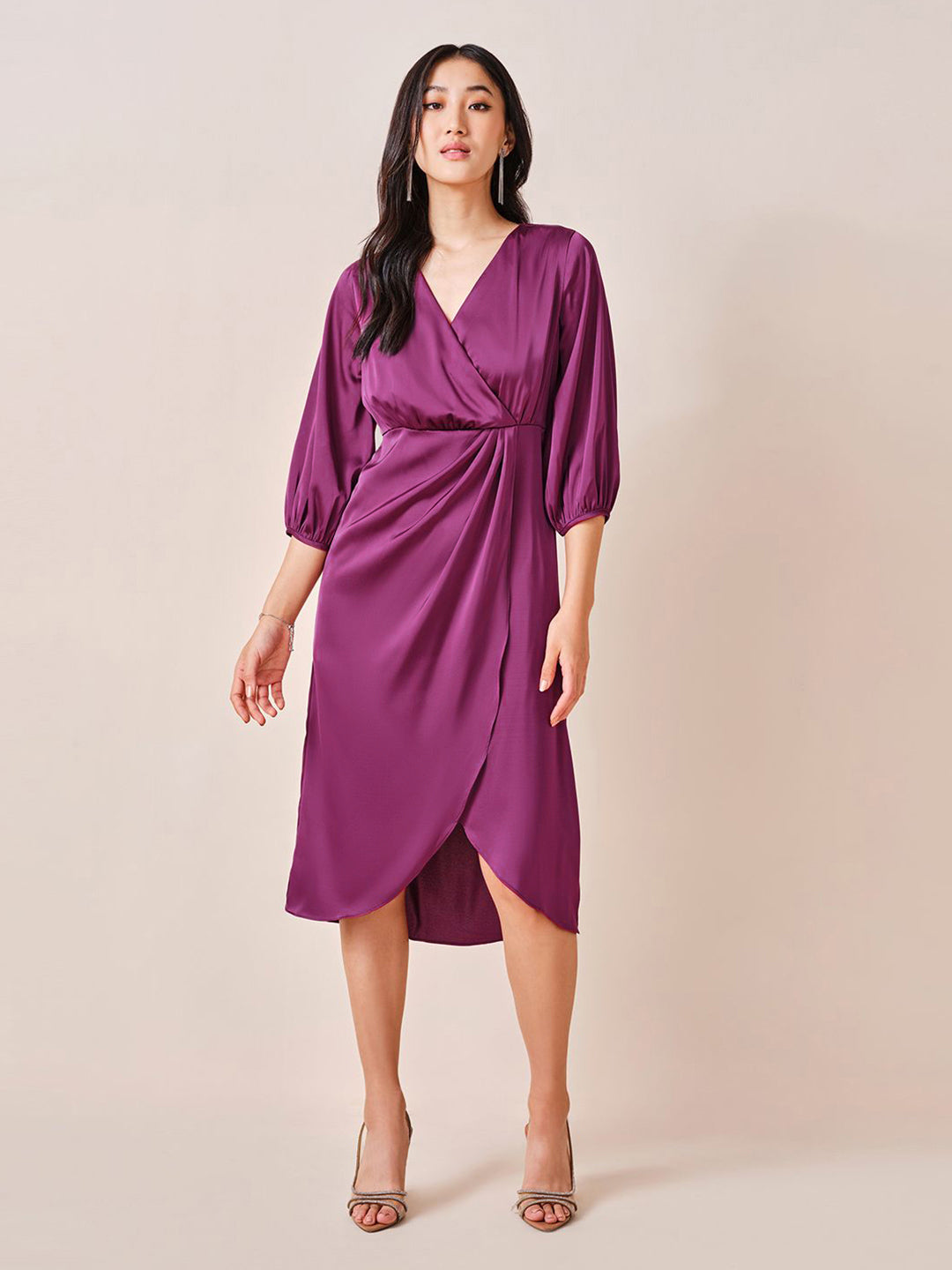 AND Women Solid V-Neck Puff Sleeve Wrap Midi Dress