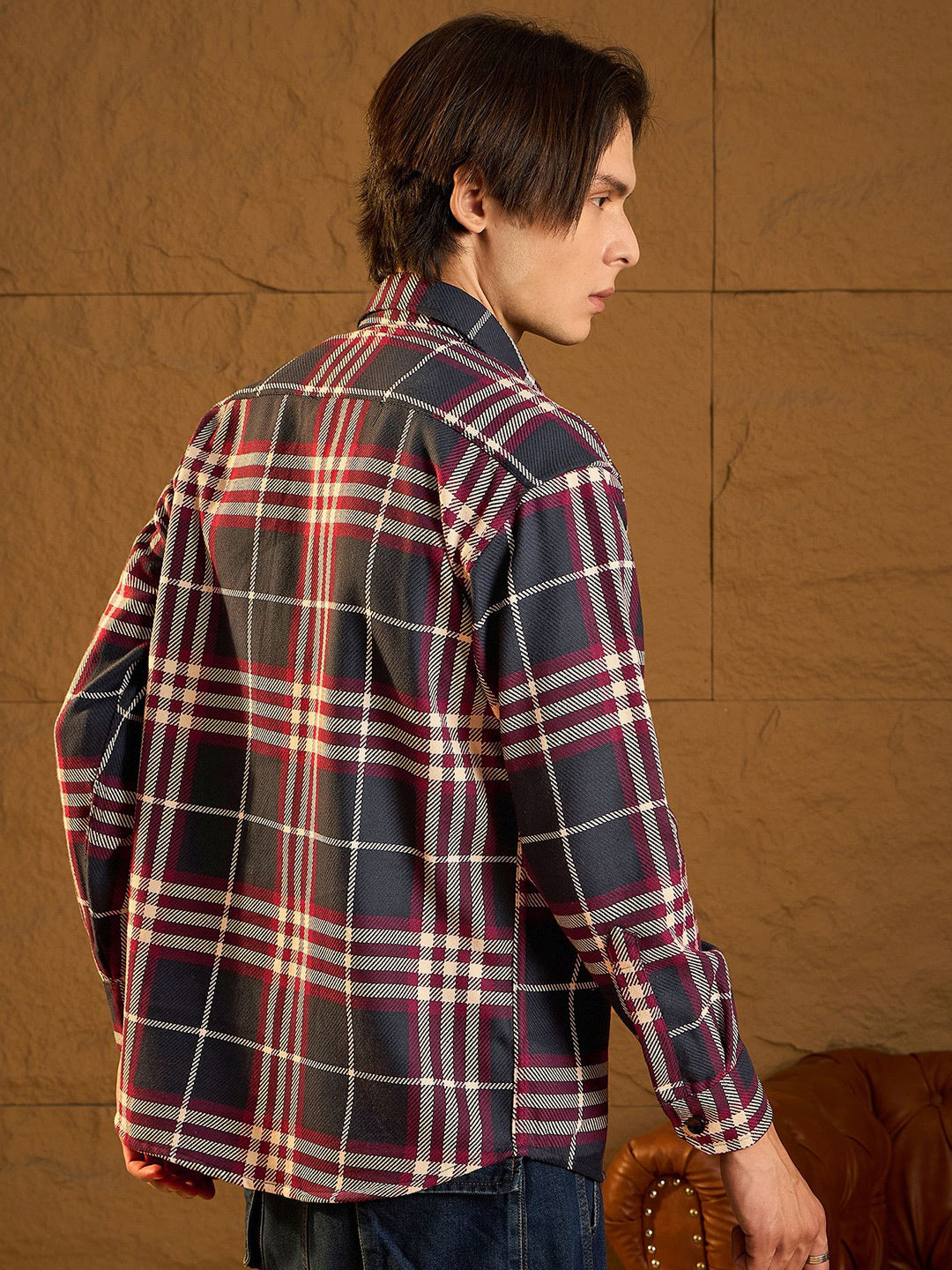 DENNISON Men Double Pocket Drop Shoulder Oversized Cotton Checked Shacket