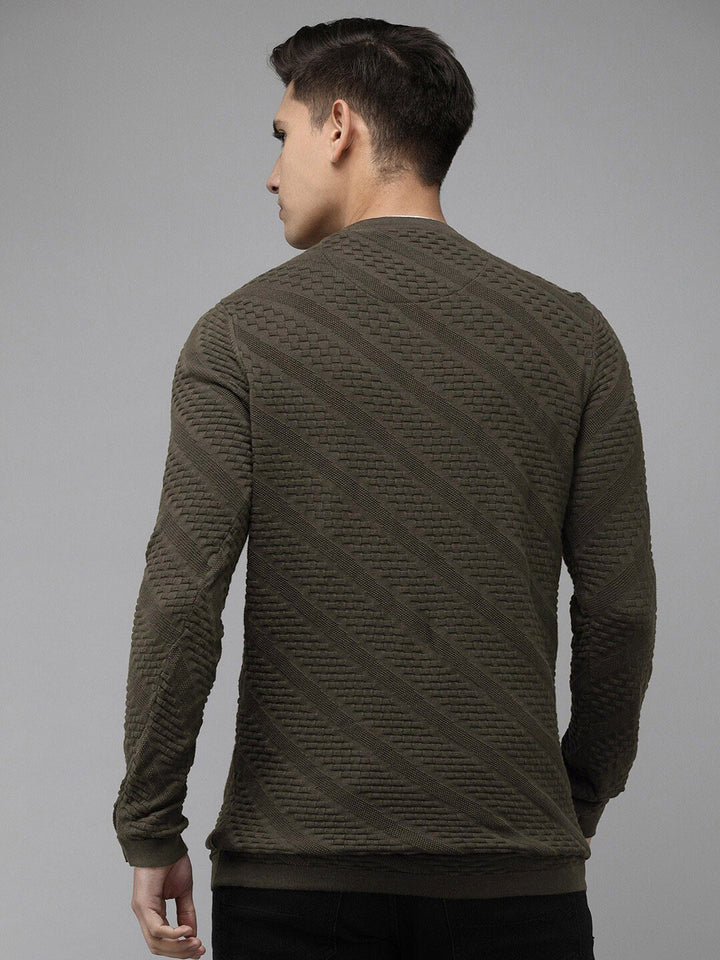 THE BEAR HOUSE Men Ardor Edition Self Design Henley Neck Slim Fit Pure Cotton T-shirt