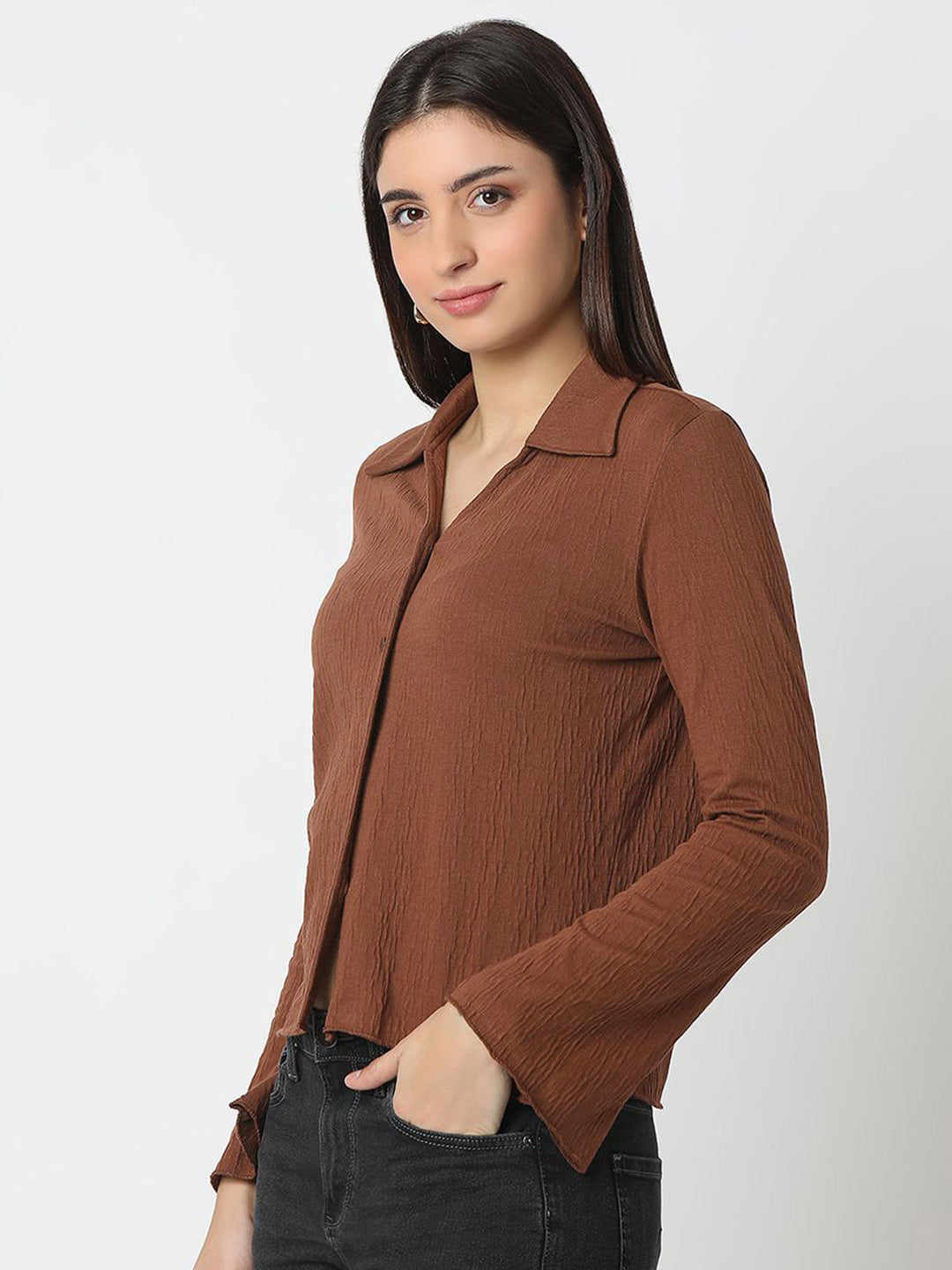 SPYKAR Women Slim Fit Spread Collar Textured Casual Shirt
