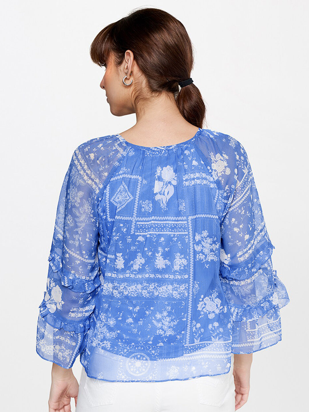 AND Floral Printed Tie-Up Neck Flared Sleeves Top