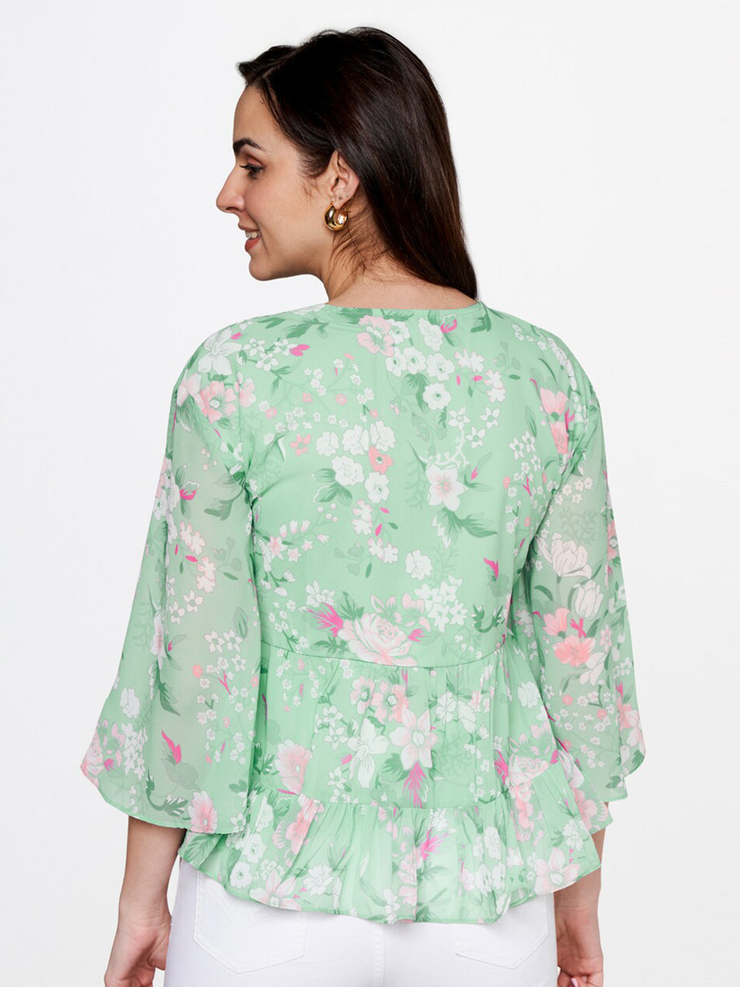 AND Green Floral Print Tie-Up Neck Peplum Top