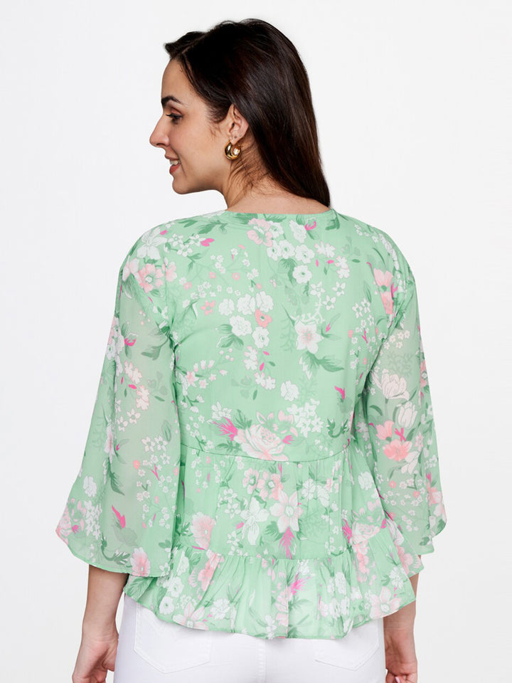 AND Green Floral Print Tie-Up Neck Peplum Top