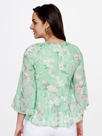 AND Green Floral Print Tie-Up Neck Peplum Top