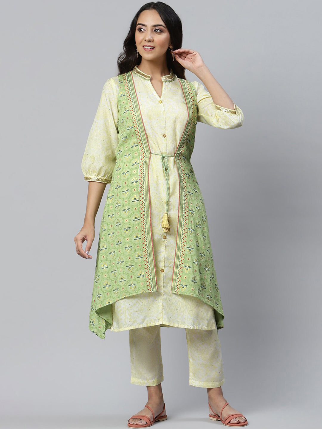 AURELIA Women Green Ethnic Motifs Embroidered Layered Kurta with Trousers