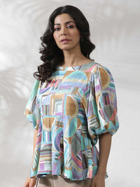W Geometric Printed Puffed Sleeves Top