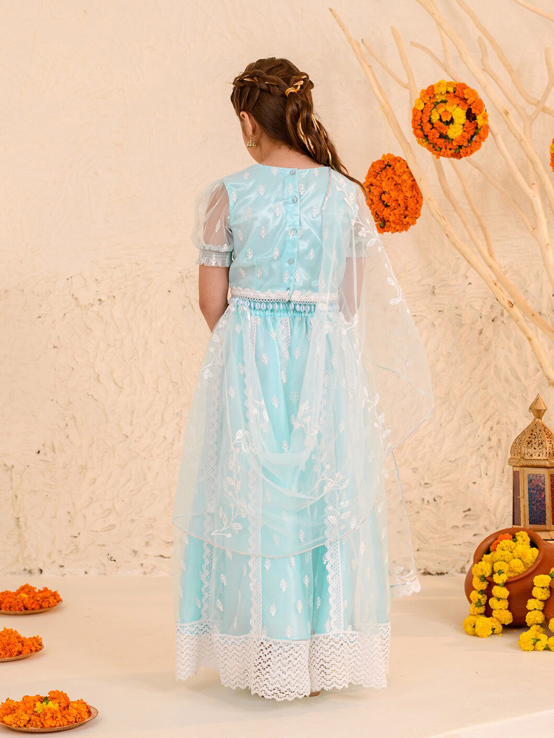 pspeaches Girls Embroidered Thread Work Ready to Wear Lehenga & Blouse With Dupatta