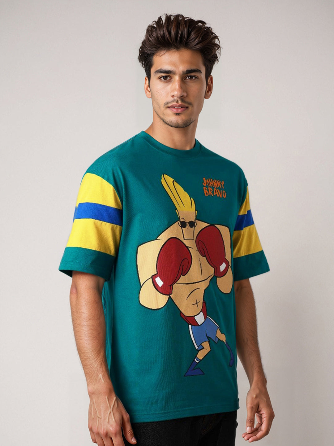 The Indian Garage Co Men Johnny Bravo Graphic Printed Round Neck Cotton Oversized T-shirt