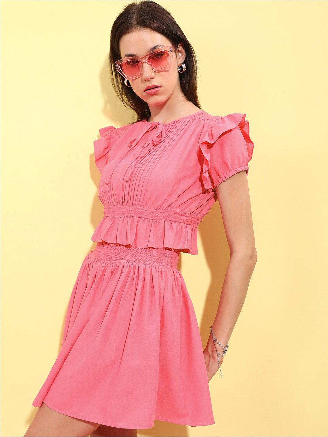 Tokyo Talkies Pink Puff Sleeve Fit & Flare Dress