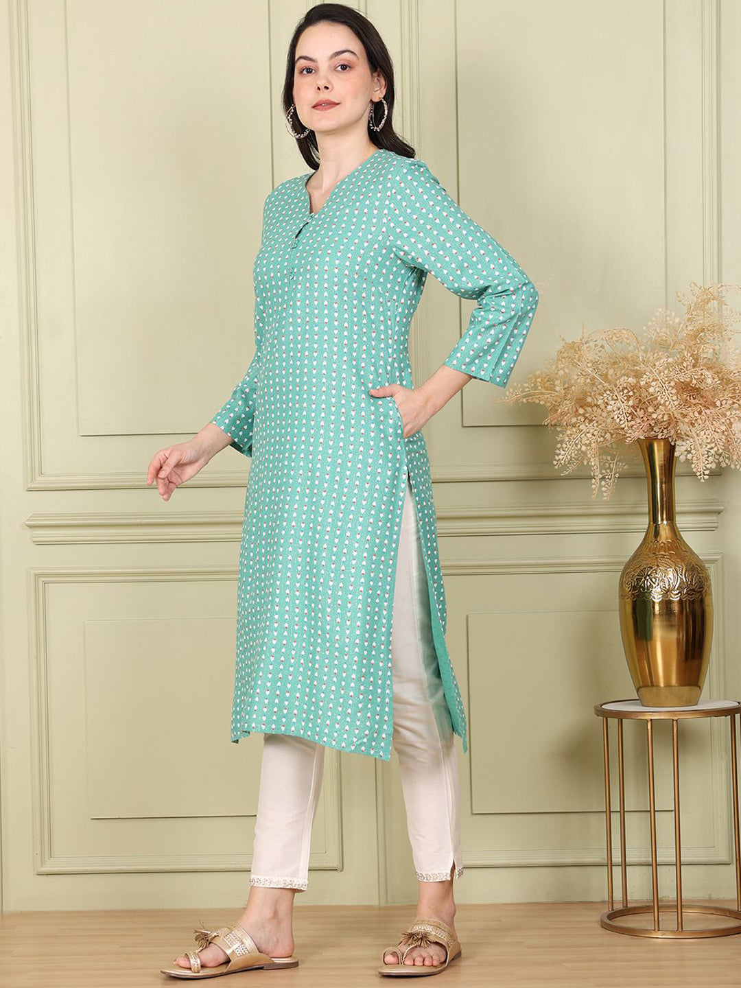 W Women Geometric Printed Flared Sleeves Sequinned Kurta