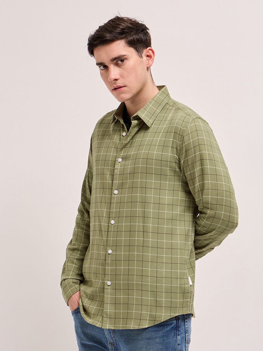 THE BEAR HOUSE Men Spread Collar Windowpane Checked Cotton Slim Fit Casual Shirt