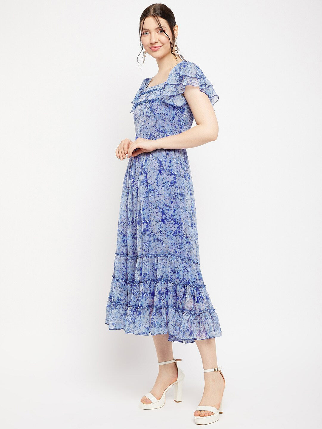 Antheaa Square Neck Abstract Printed Tiered Embellished Chiffon Fit & Flare Midi Dress
