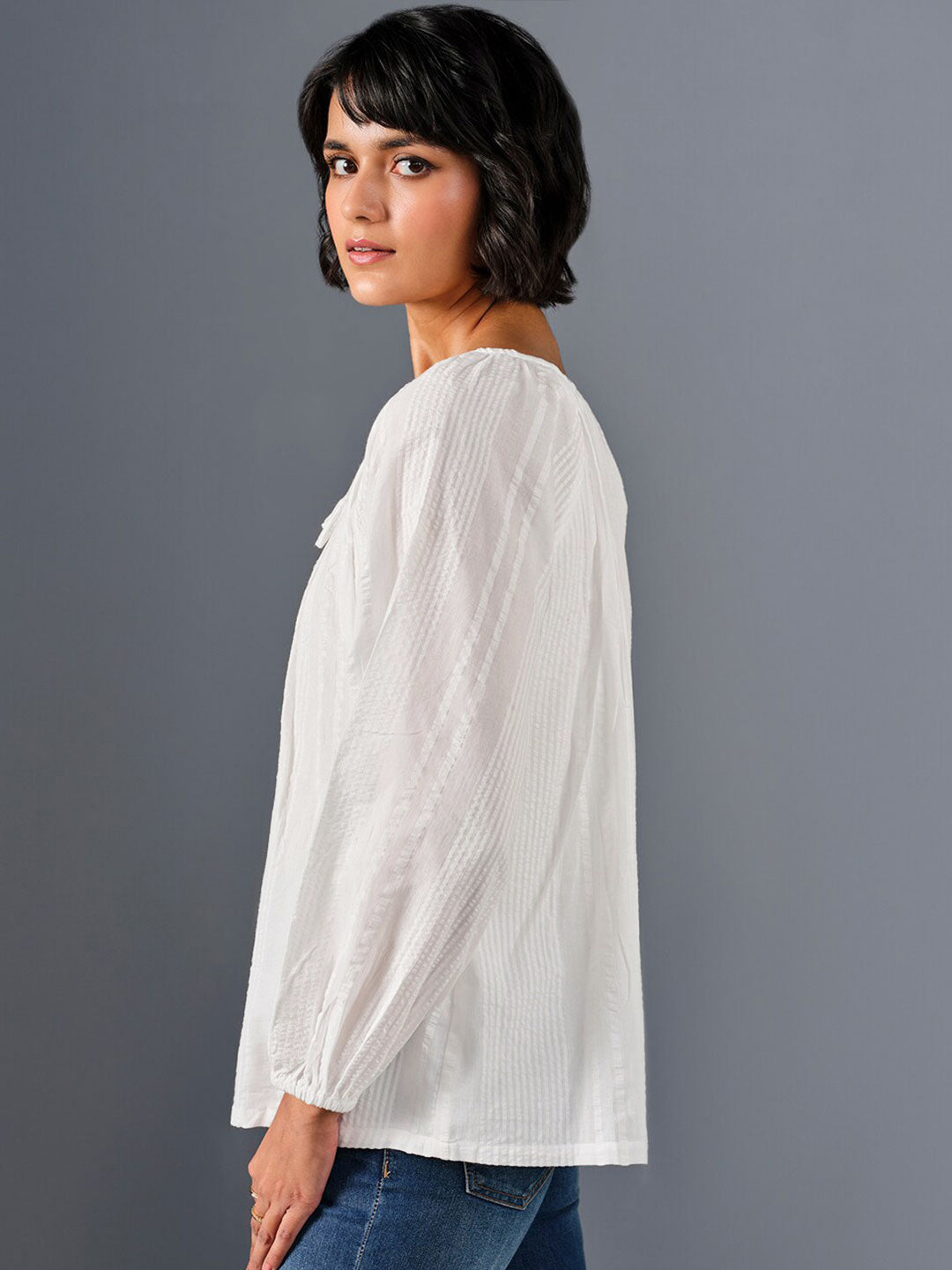 AND Tie-Up Neck Puff Sleeve Pure Cotton  A-Line Top