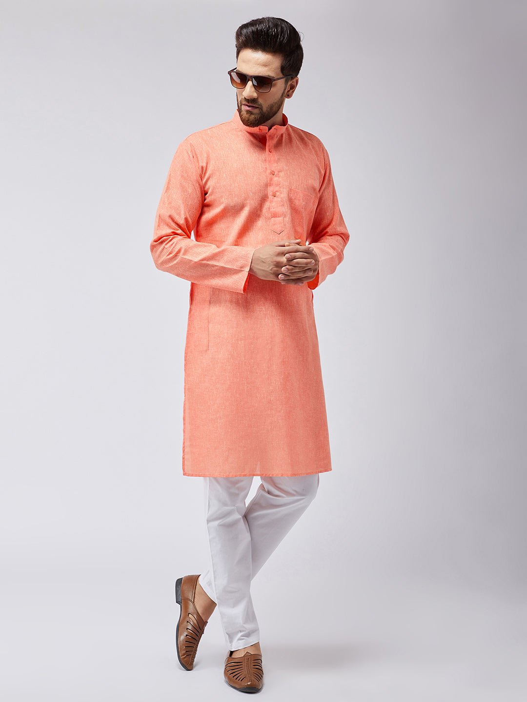 SOJANYA Men Orange & White Solid Kurta with Pyjamas