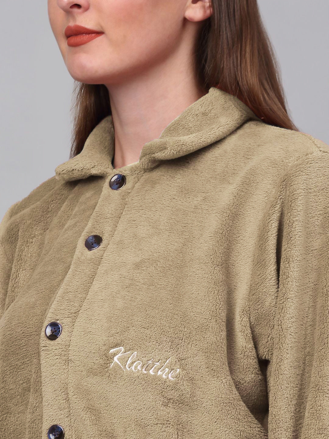 KLOTTHE Beige Woollen Long Sleeves Bath Robe With Belt