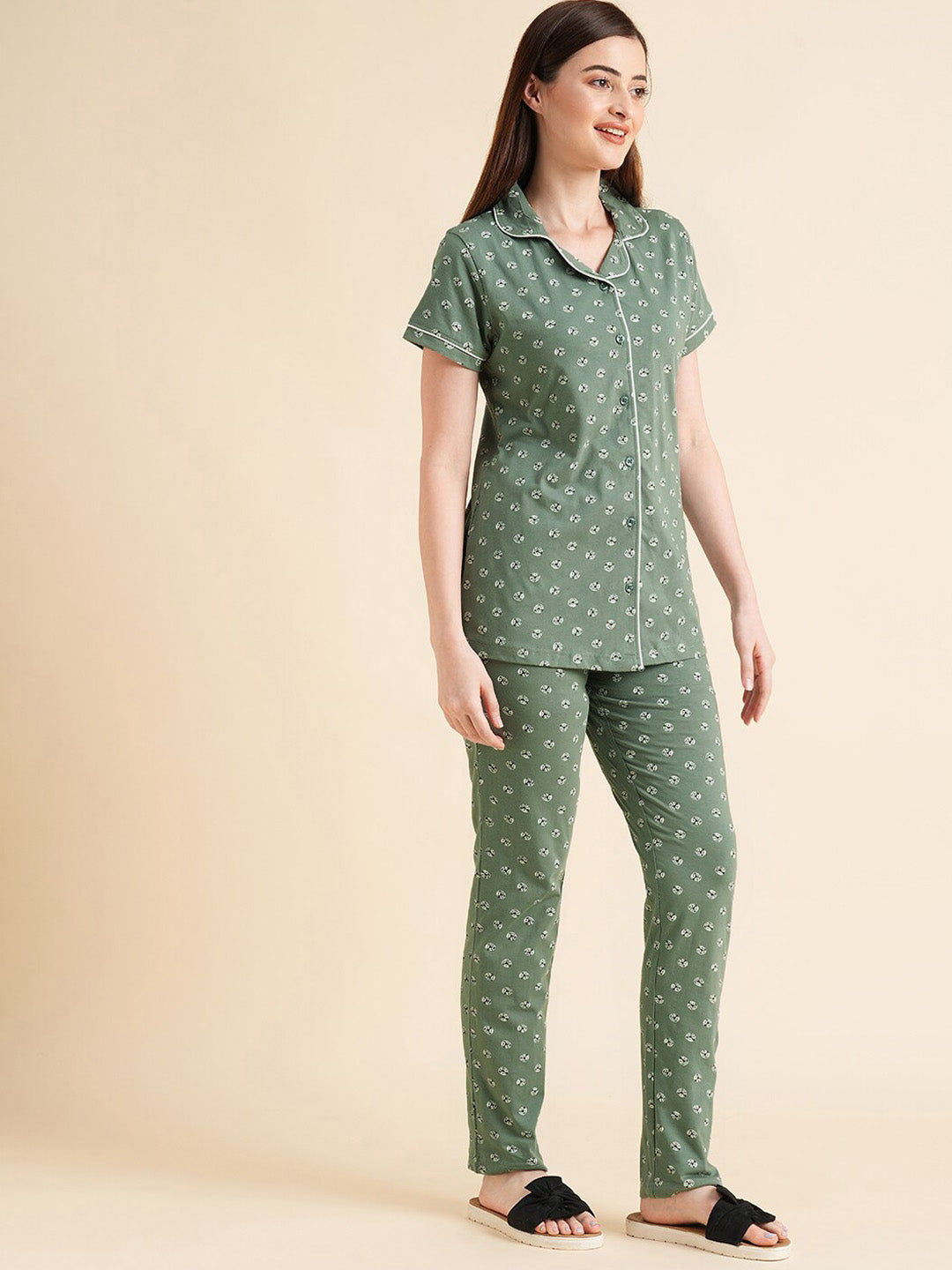 Sweet Dreams Green & White Conversational Printed Pure Cotton Night Suits
