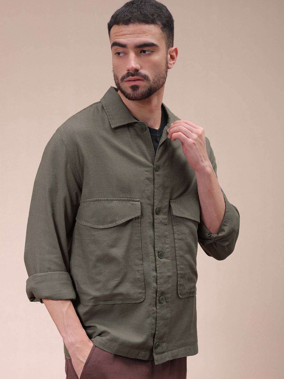 The Indian Garage Co Men Regular Fit Solid Double Flap Pocket Resortwear Overshirt