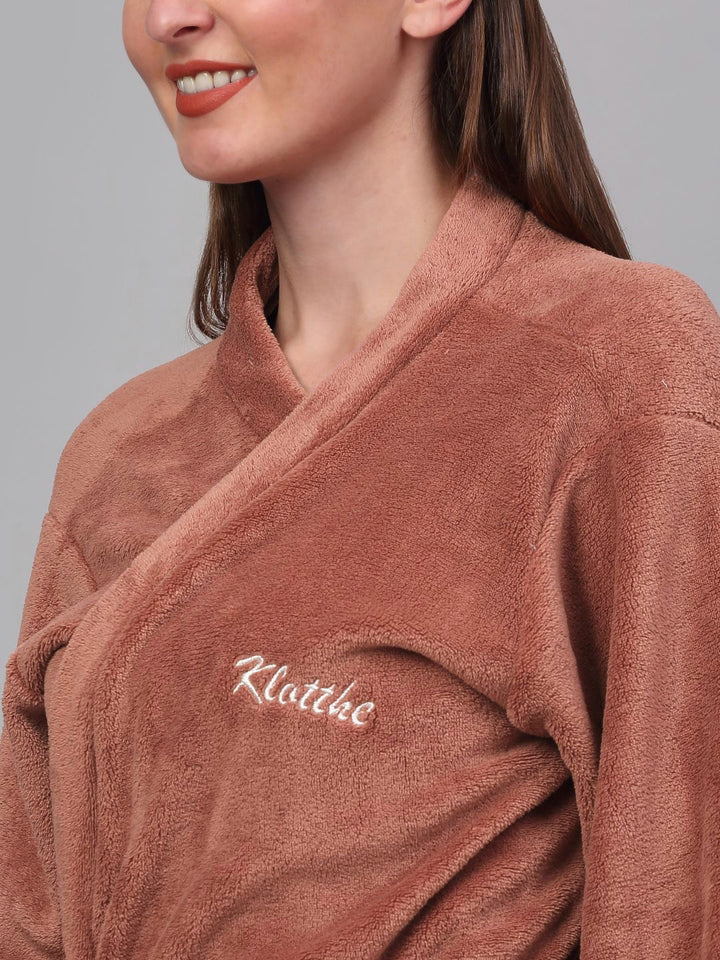 KLOTTHE Rust Woollen Long Sleeves Bath Robe With Belt