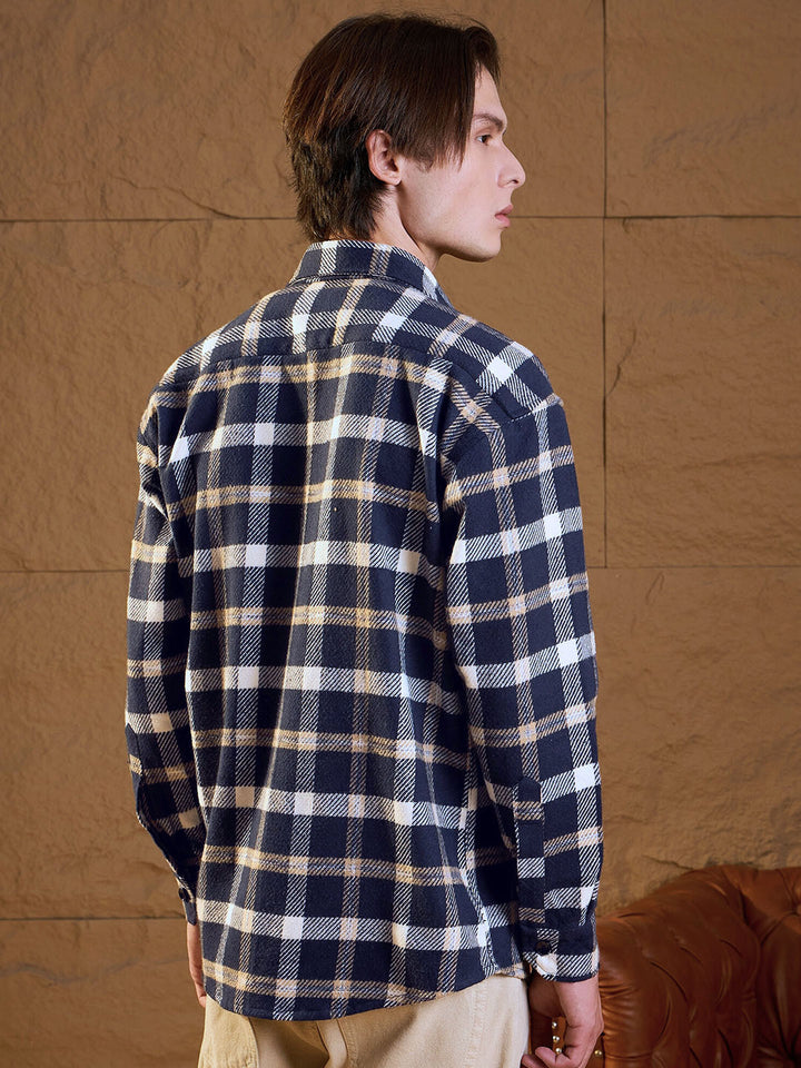DENNISON Men Double Pocket Drop Shoulder Oversized Cotton Checked Shacket