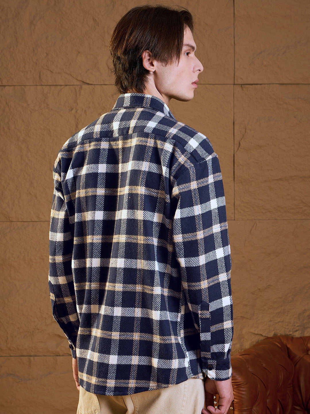DENNISON Men Double Pocket Drop Shoulder Oversized Cotton Checked Shacket
