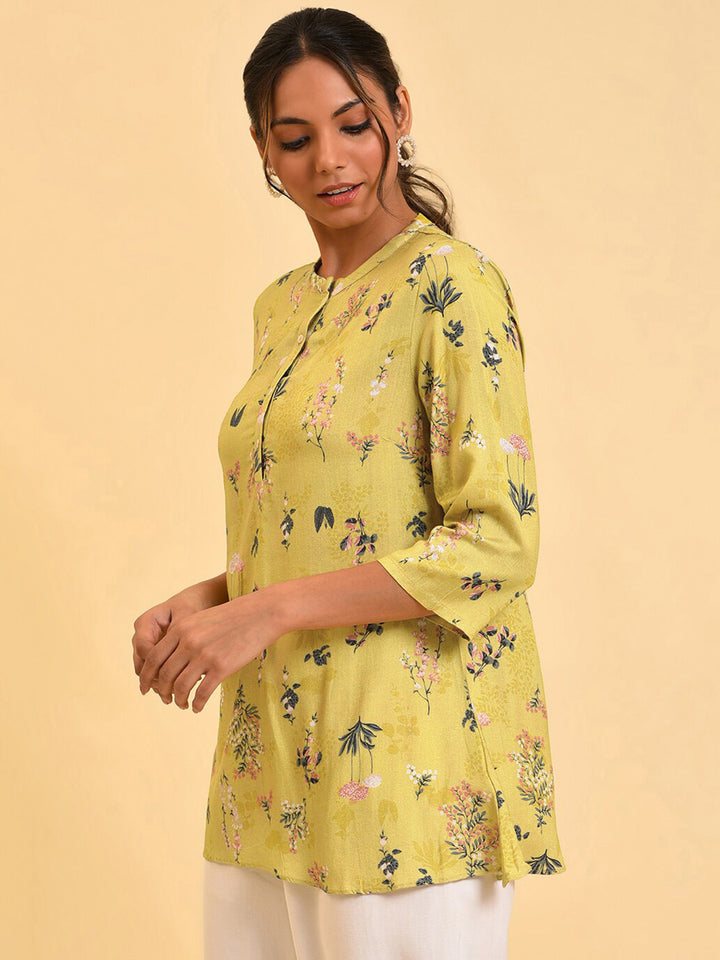 W Yellow Floral Printed Mandarin Collar Top
