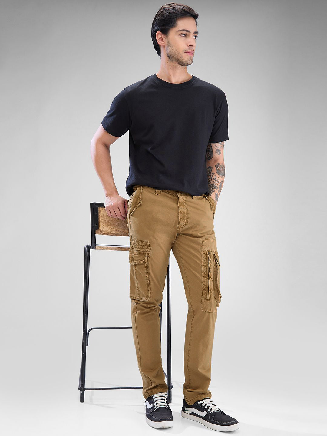 SPYKAR Regular Fit Solid Cargo Trousers