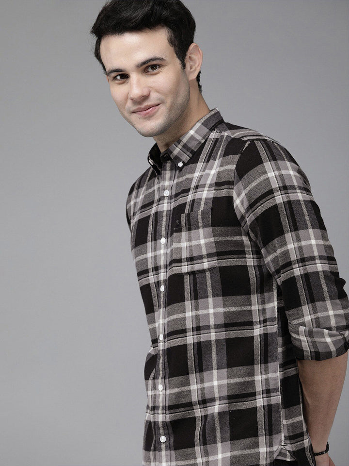 THE BEAR HOUSE Men Grey Slim Fit Tartan Checked Pure Cotton Casual Shirt