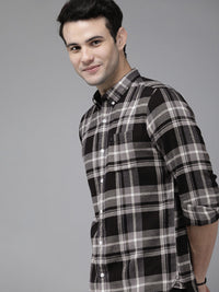 THE BEAR HOUSE Men Grey Slim Fit Tartan Checked Pure Cotton Casual Shirt