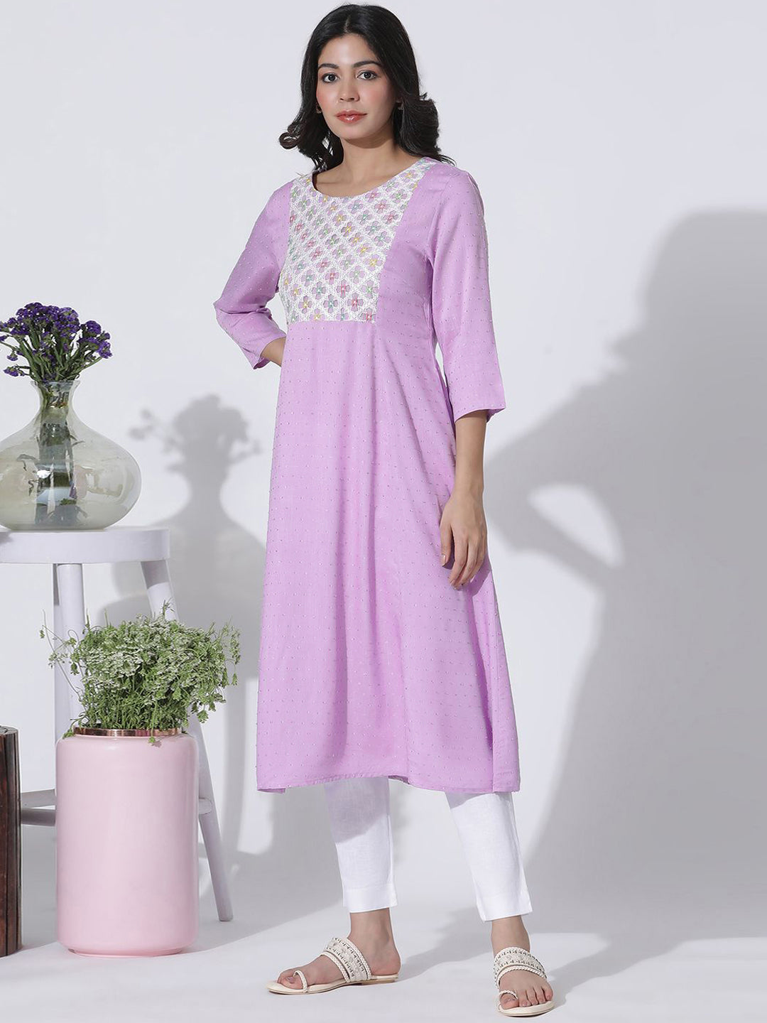 W Women Flared Sleeves Mirror Work Anarkali Kurta