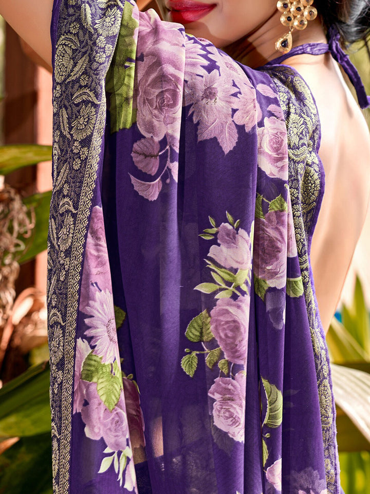 Saree mall Violet Floral Printed Poly Georgette Saree