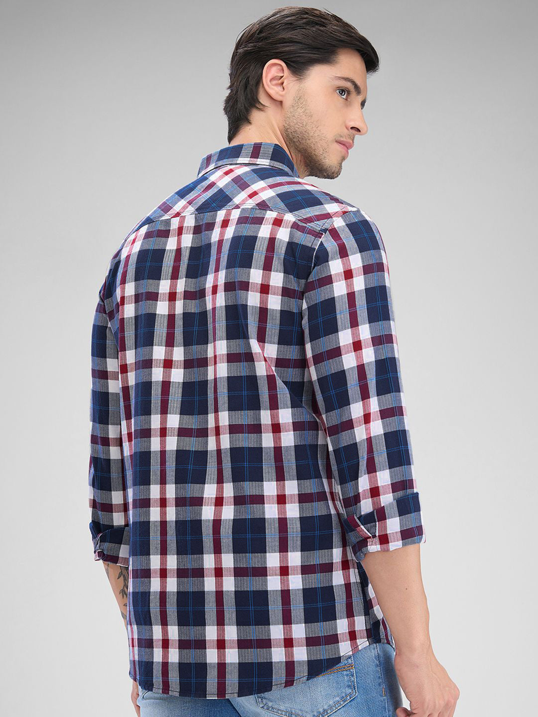 SPYKAR Pure Cotton Slim Fit Opaque Checked Spread Collar Casual Shirt
