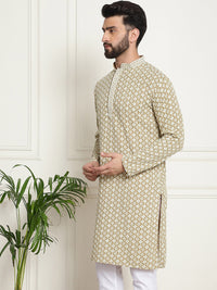 SOJANYA Ethnic Motifs Embroidered Mandarin Collar Sequined Pure Cotton Straight Kurta